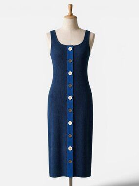 Kerisma Ribbed Knit Midi Dress S/M Blue Button Front Tank Bodycon Minimalist